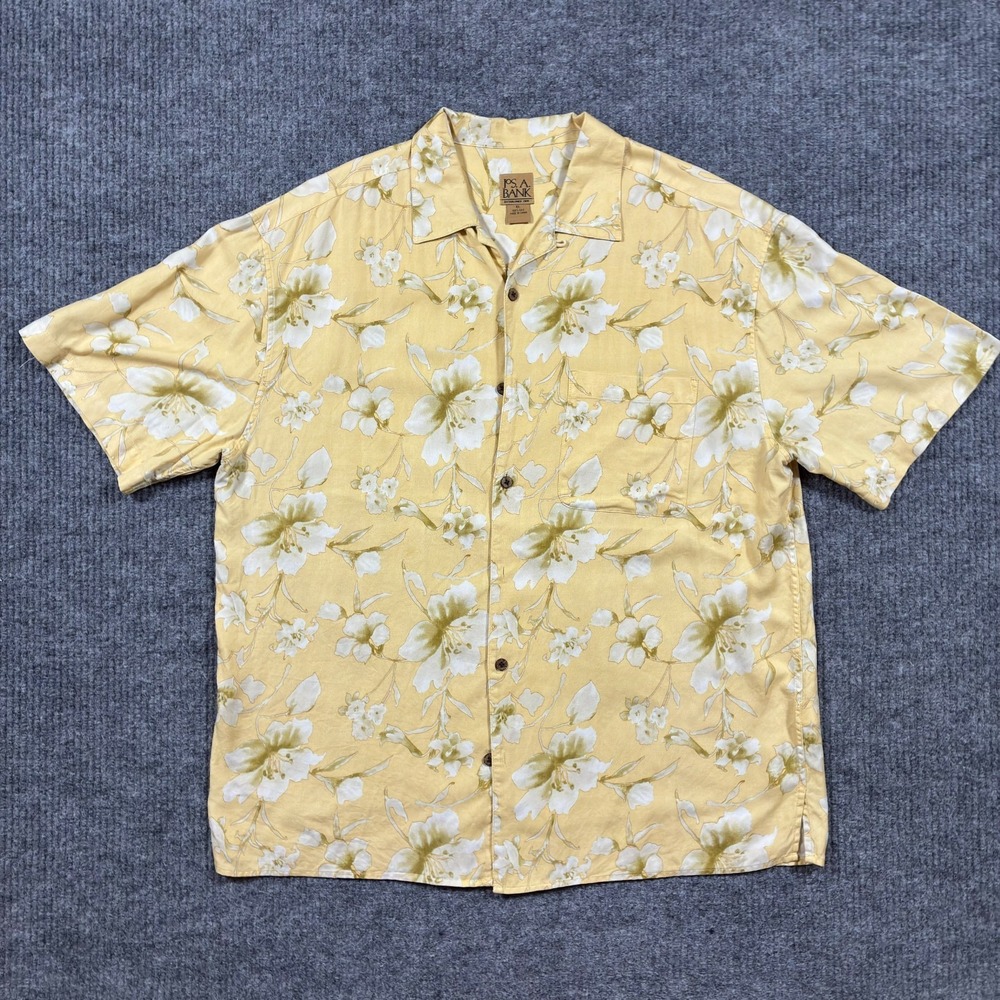 Jos. A. Bank Mens Button Up Shirt Size XL Yellow Floral 100% Silk Short Sleeve